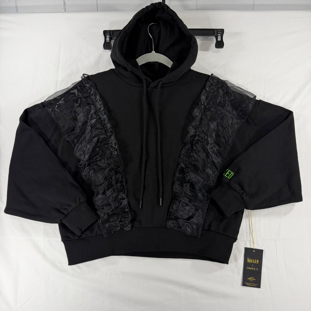 Wicked x Forever 21 Wicked Witch Ruffle Hoodie Black Green Cropped Small NWT - Picture 2 of 9